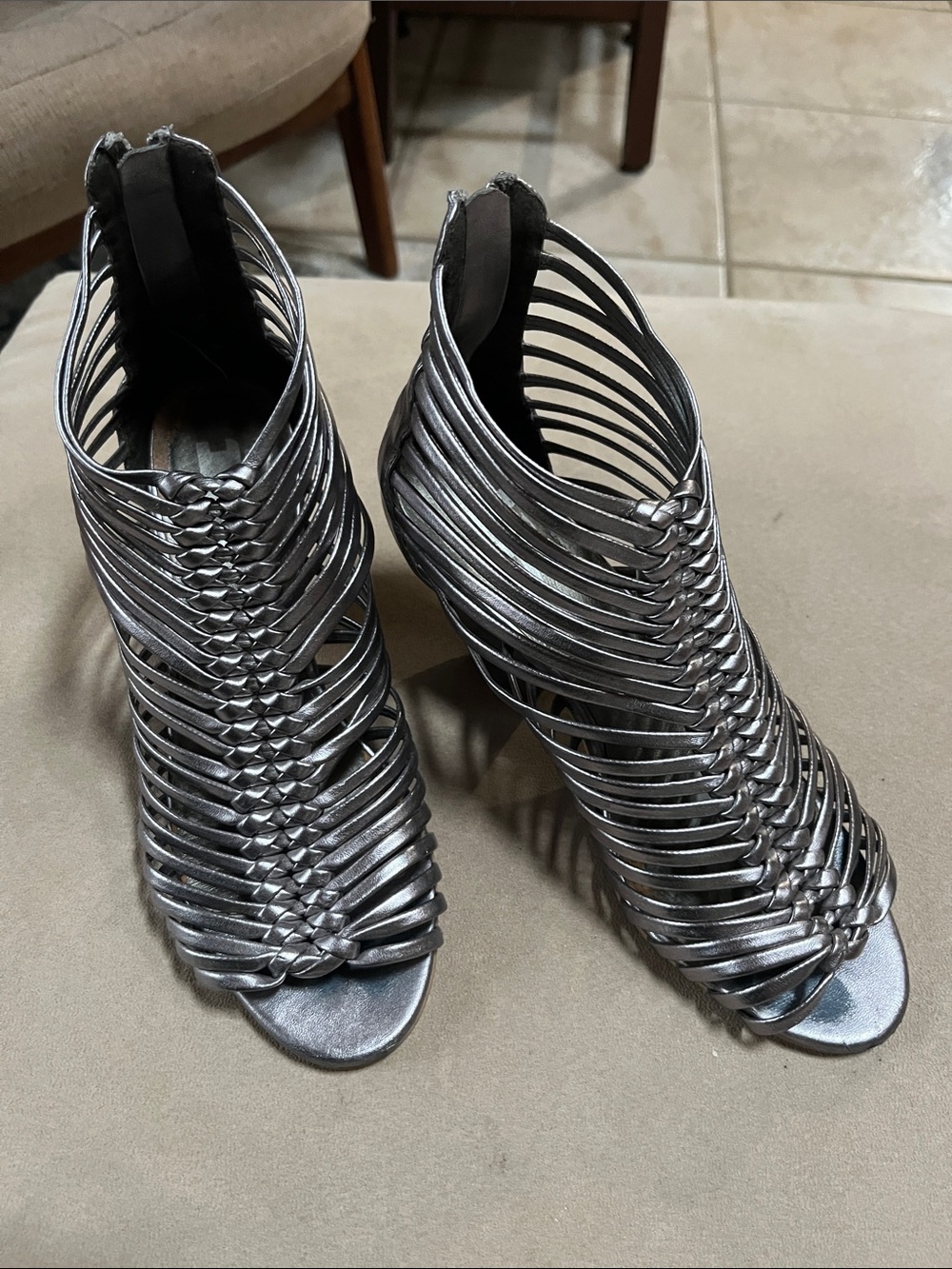Women's Silver Strappy Peep-Toe Heels